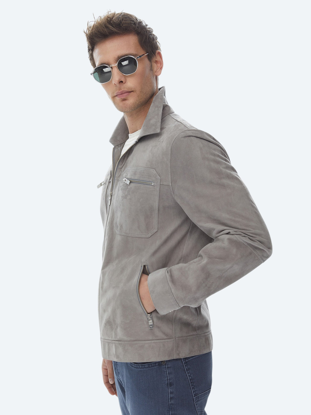 Gri Regular Fit Gömlek Yaka Smart Casual Deri Mont