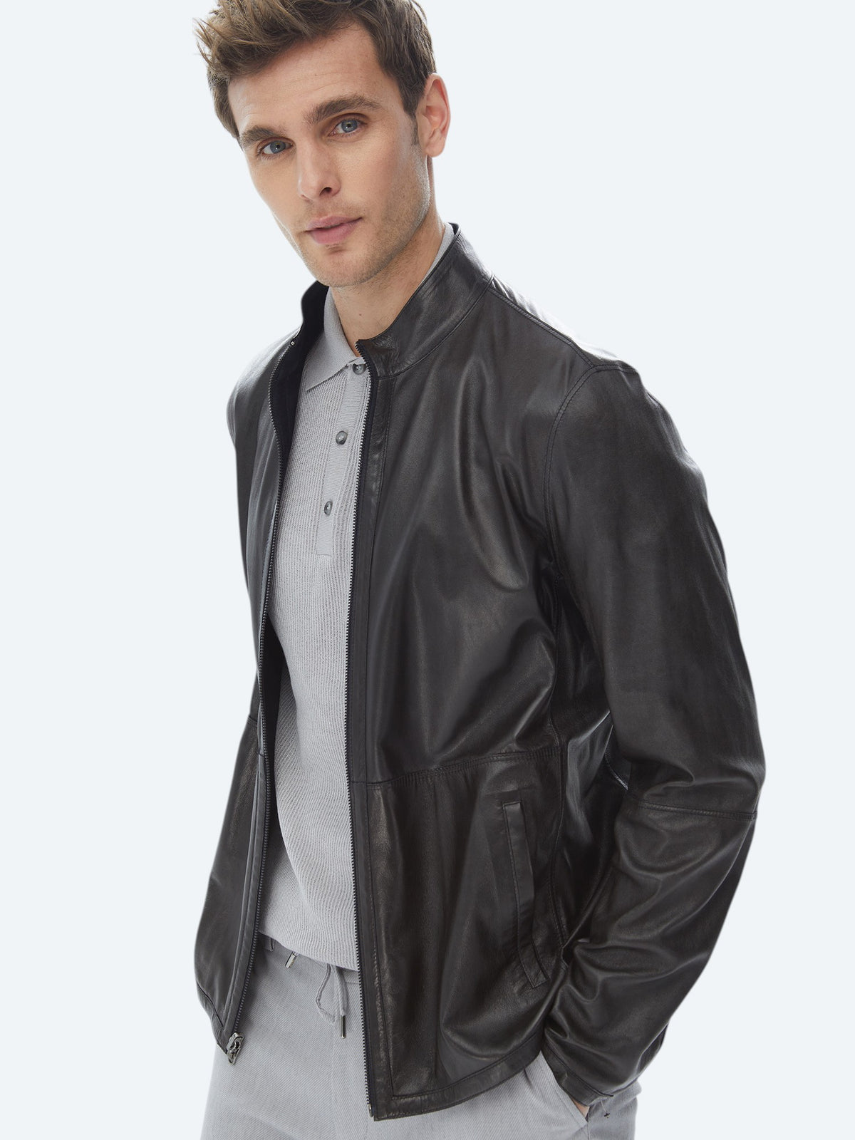 Lacivert Regular Fit Dik Yaka Smart Casual Çift Taraflı Deri Mont