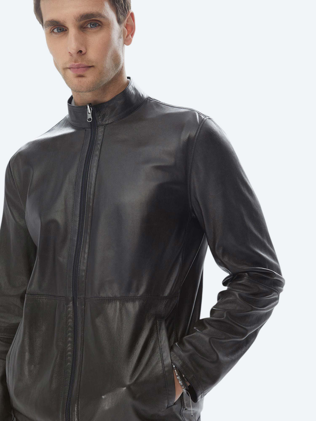 Lacivert Regular Fit Dik Yaka Smart Casual Çift Taraflı Deri Mont