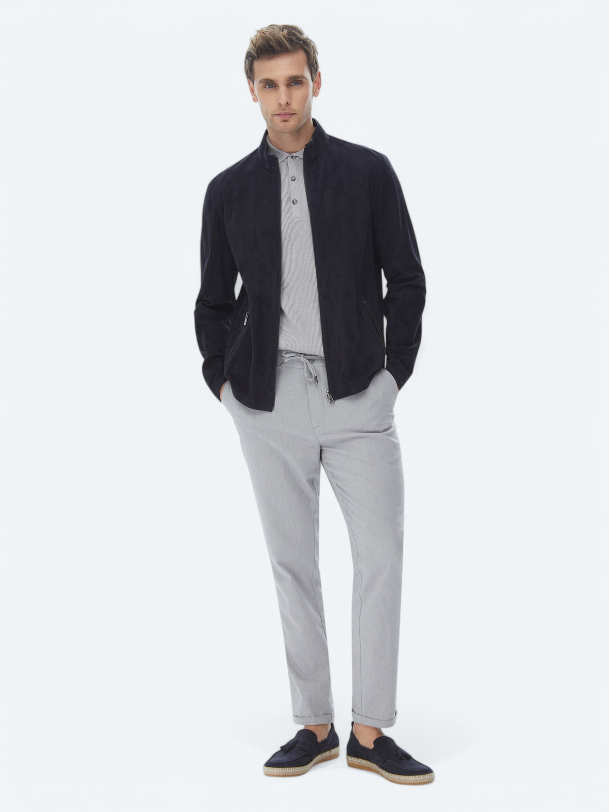 Lacivert Regular Fit Dik Yaka Smart Casual Çift Taraflı Deri Mont