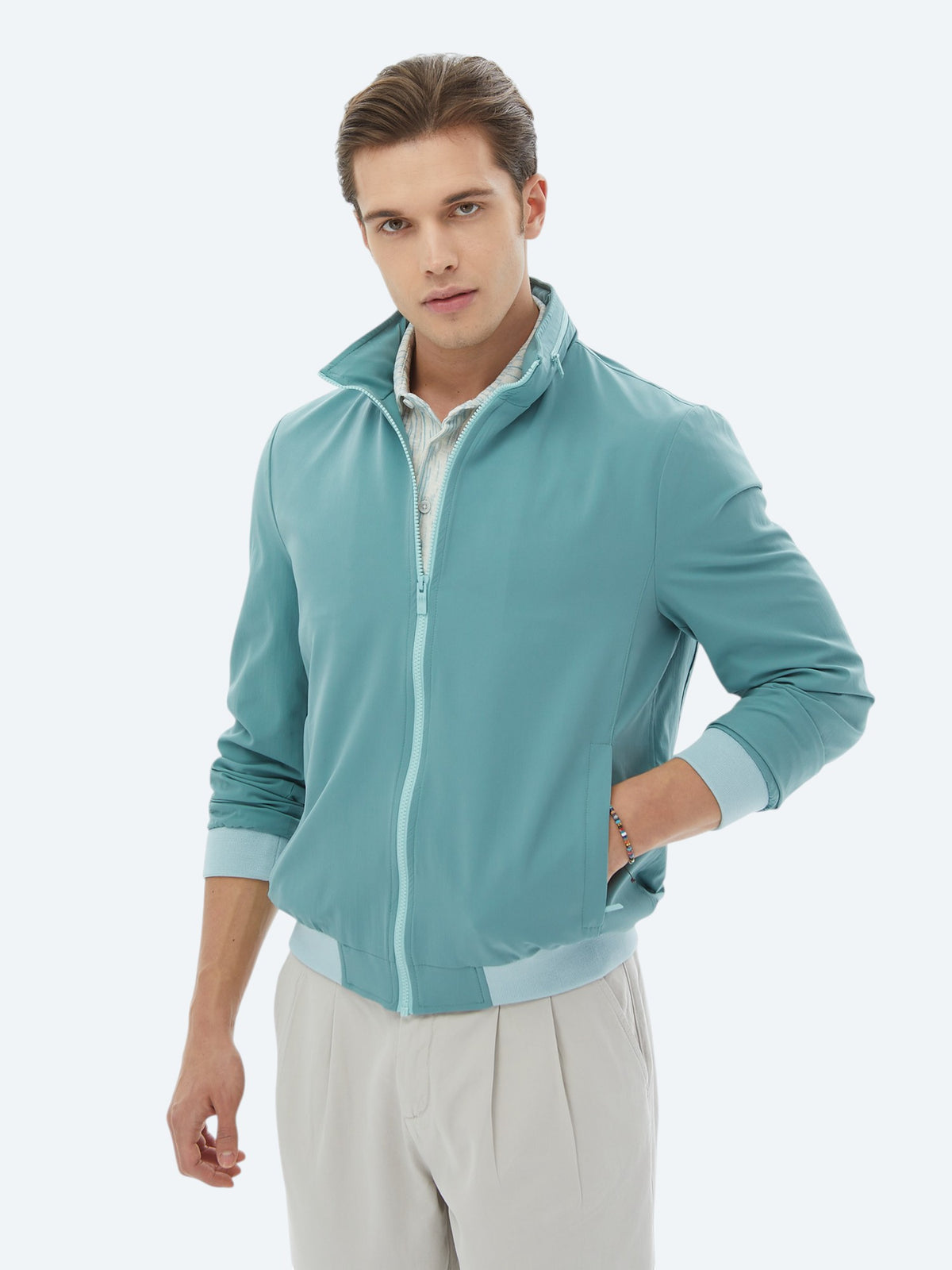 Koyu Mint Regular Fit Dik Yaka Casual Dokuma Mont