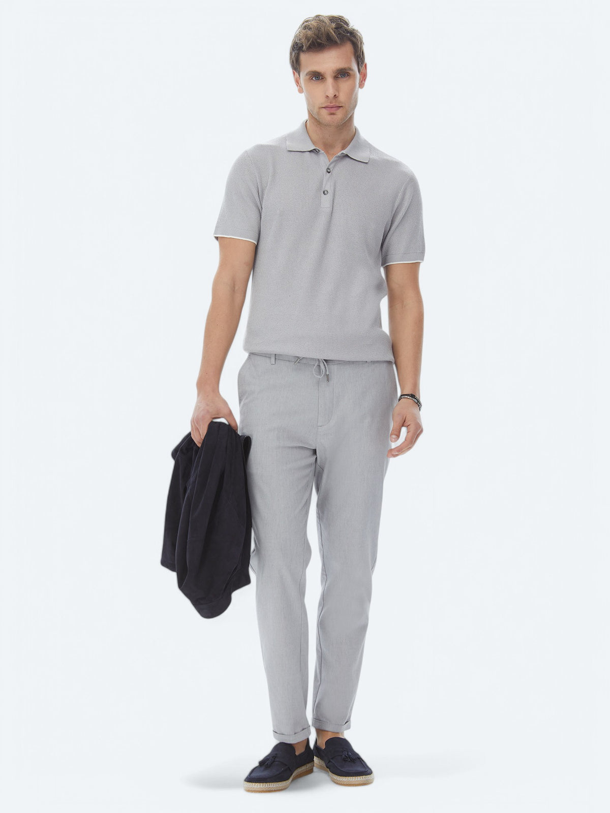 Gri Dokuma Jogging Fit Casual Pamuk Karışımlı Pantolon