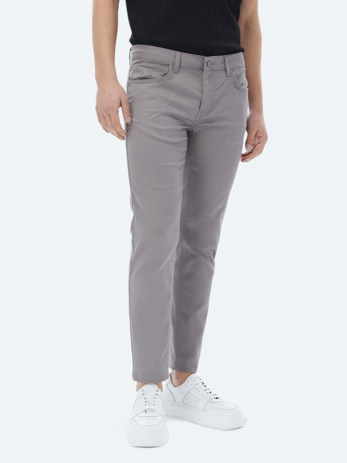 Gri Dokuma Slim Fit Casual Pamuk Karışımlı Pantolon