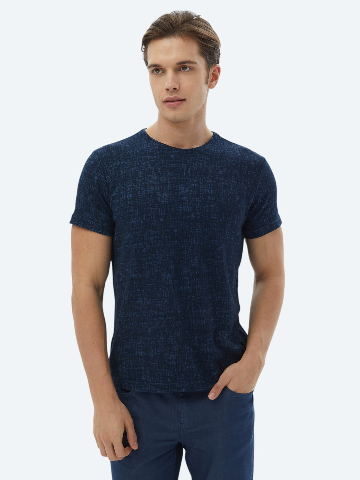 Lacivert Jakarlı Bisiklet Yaka Pamuk Karışımlı T-Shirt