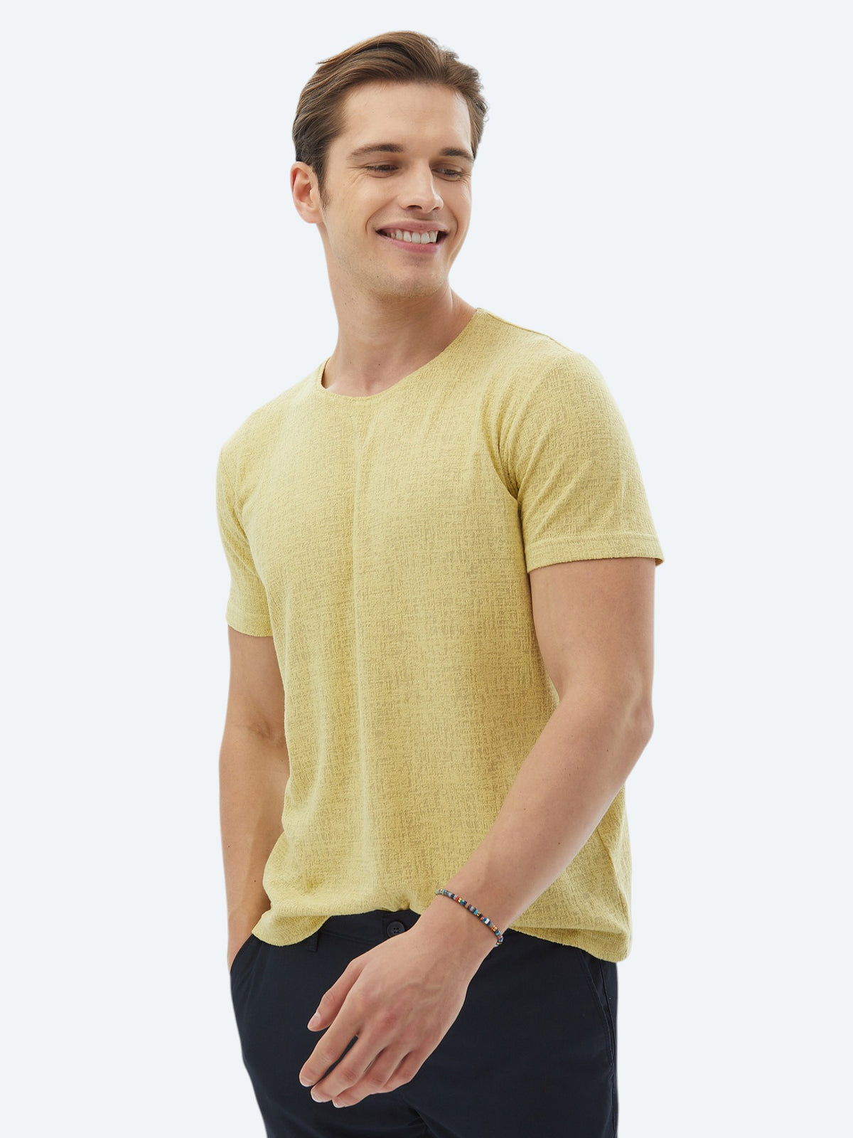 Limon Küfü Jakarlı Bisiklet Yaka Pamuk Karışımlı T-Shirt