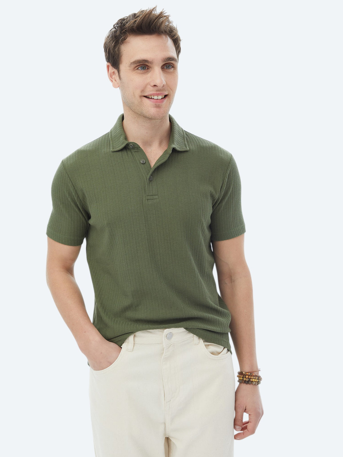Haki Jakarlı Polo Yaka Pamuk Karışımlı T-Shirt