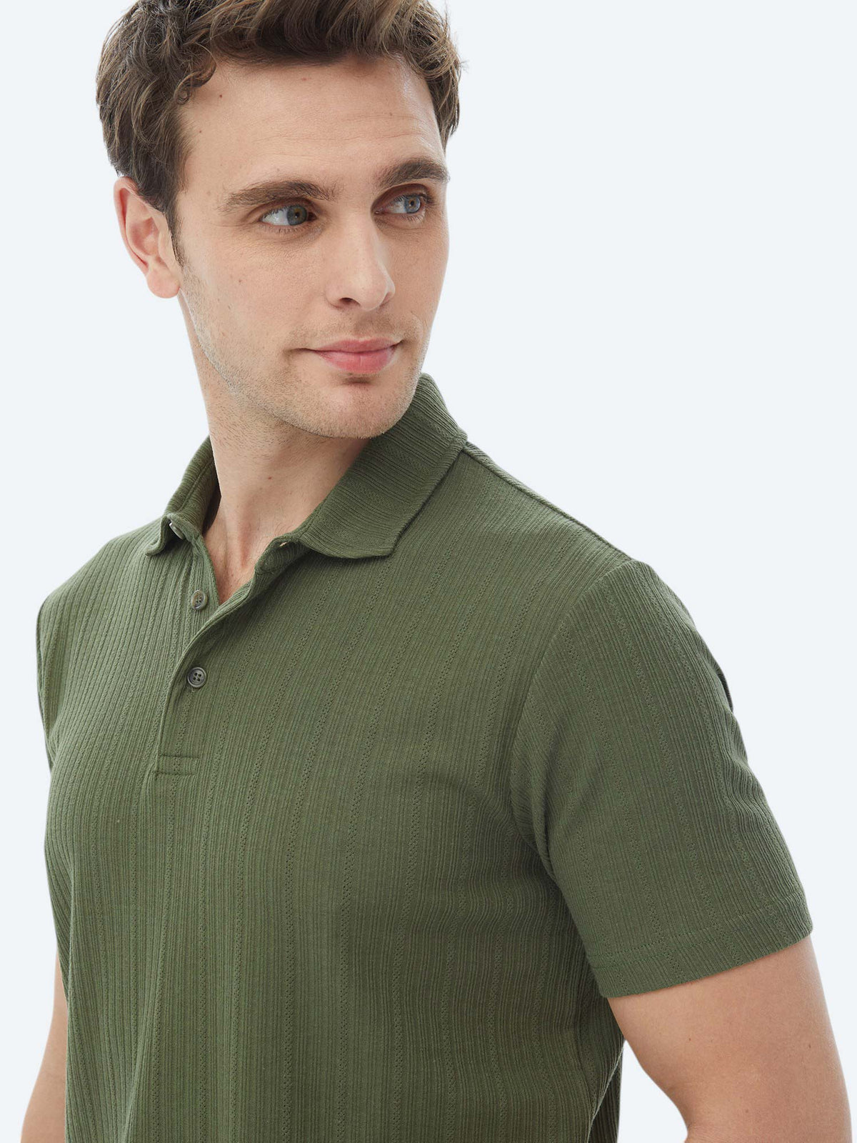 Haki Jakarlı Polo Yaka Pamuk Karışımlı T-Shirt