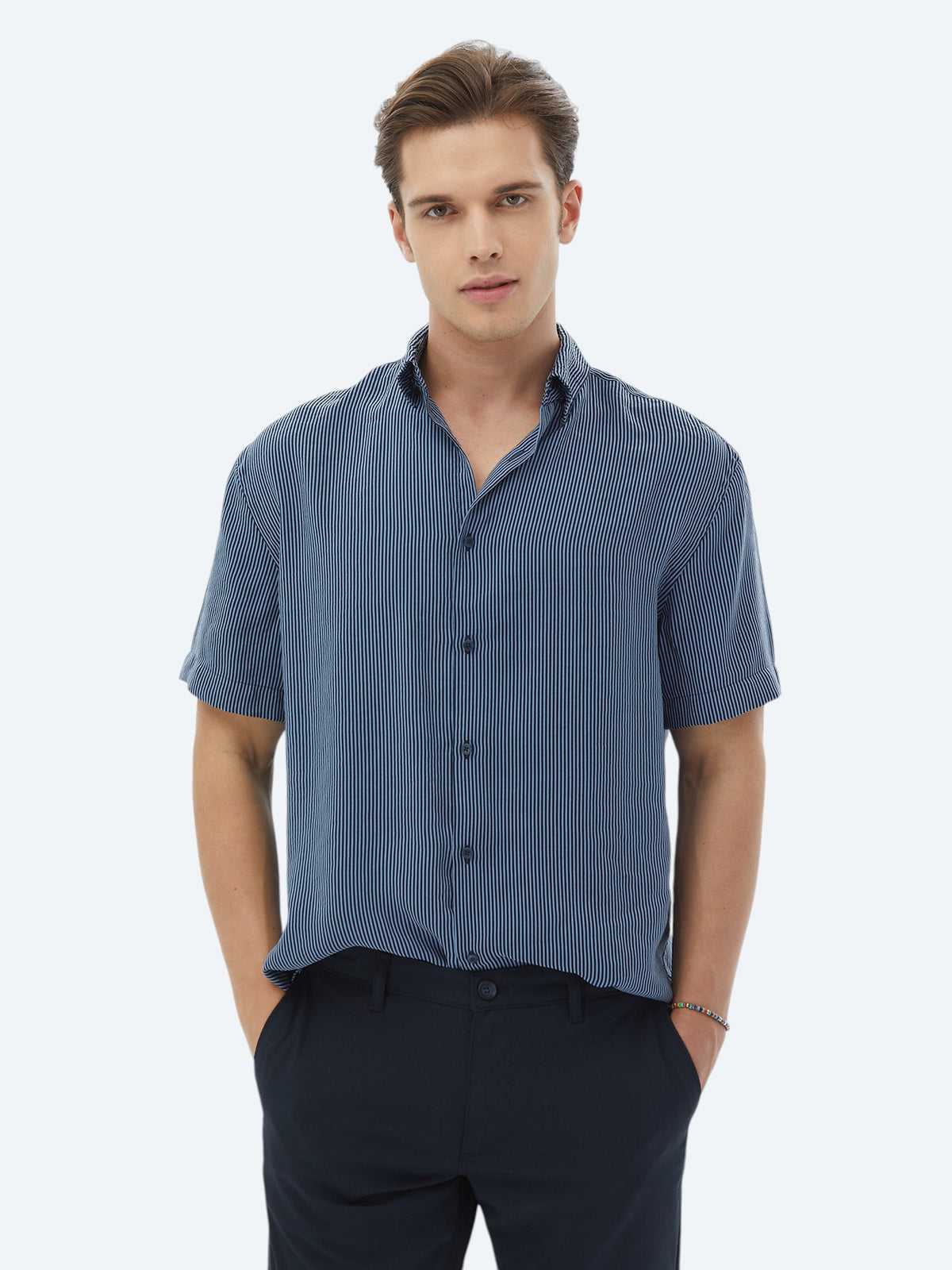 Koyu Mavi Çizgili Oversize Fit Kısa Dokuma Casual Gömlek
