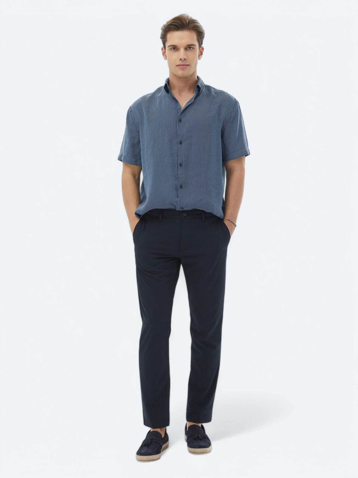 Koyu Mavi Çizgili Oversize Fit Kısa Dokuma Casual Gömlek