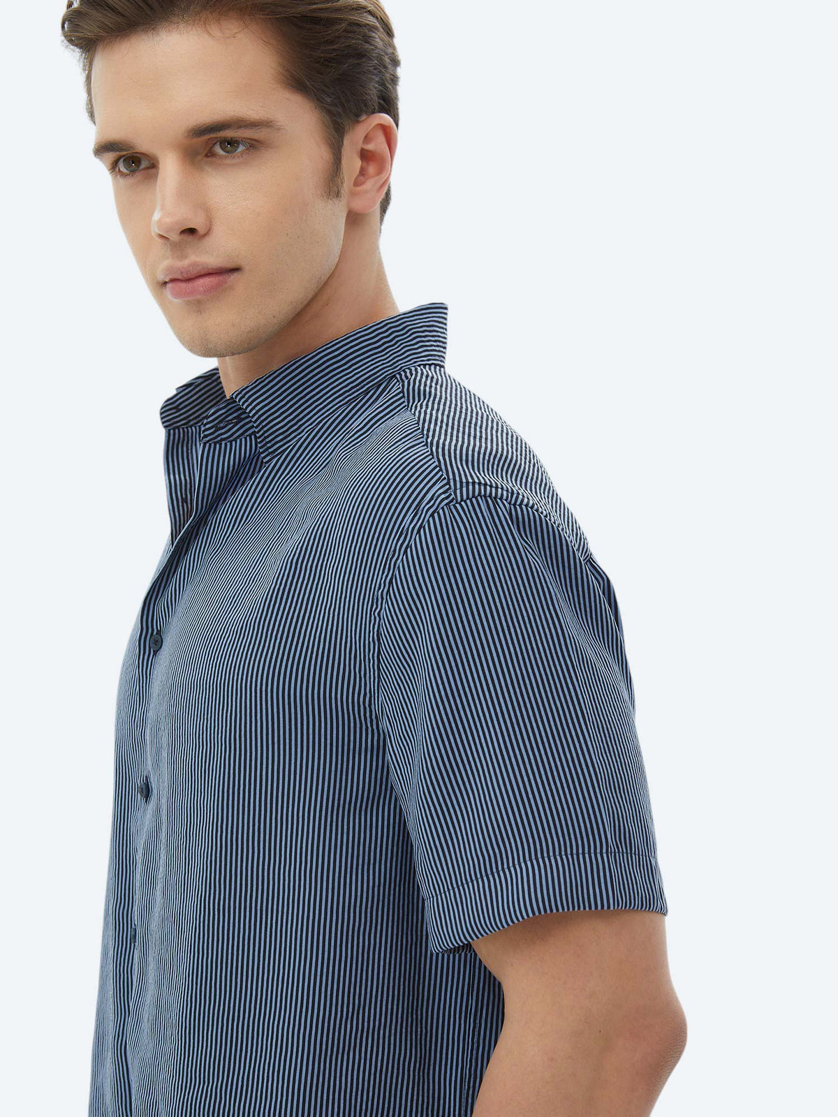 Koyu Mavi Çizgili Oversize Fit Kısa Dokuma Casual Gömlek