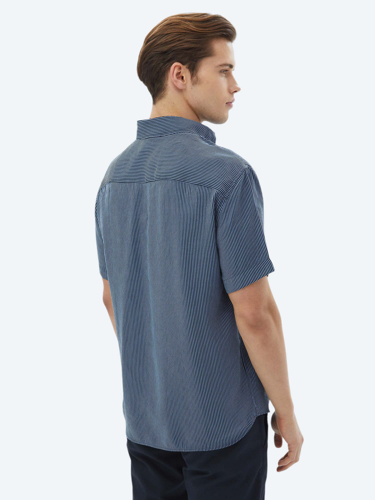Koyu Mavi Çizgili Oversize Fit Kısa Dokuma Casual Gömlek