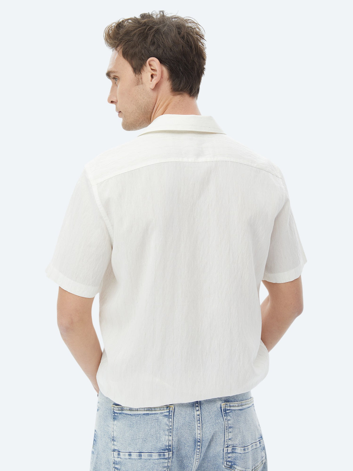 Ekru Regular Fit Kısa Dokuma Klasik Keten Karışımlı Gömlek