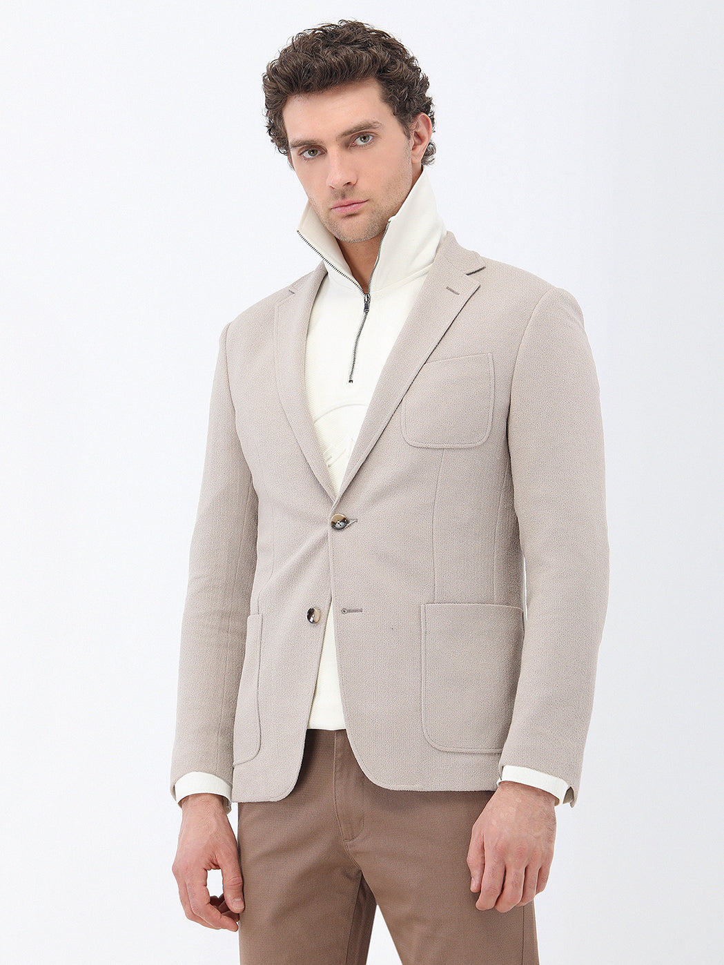 Açık Vizon Mikro Slim Fit Örme Ceket