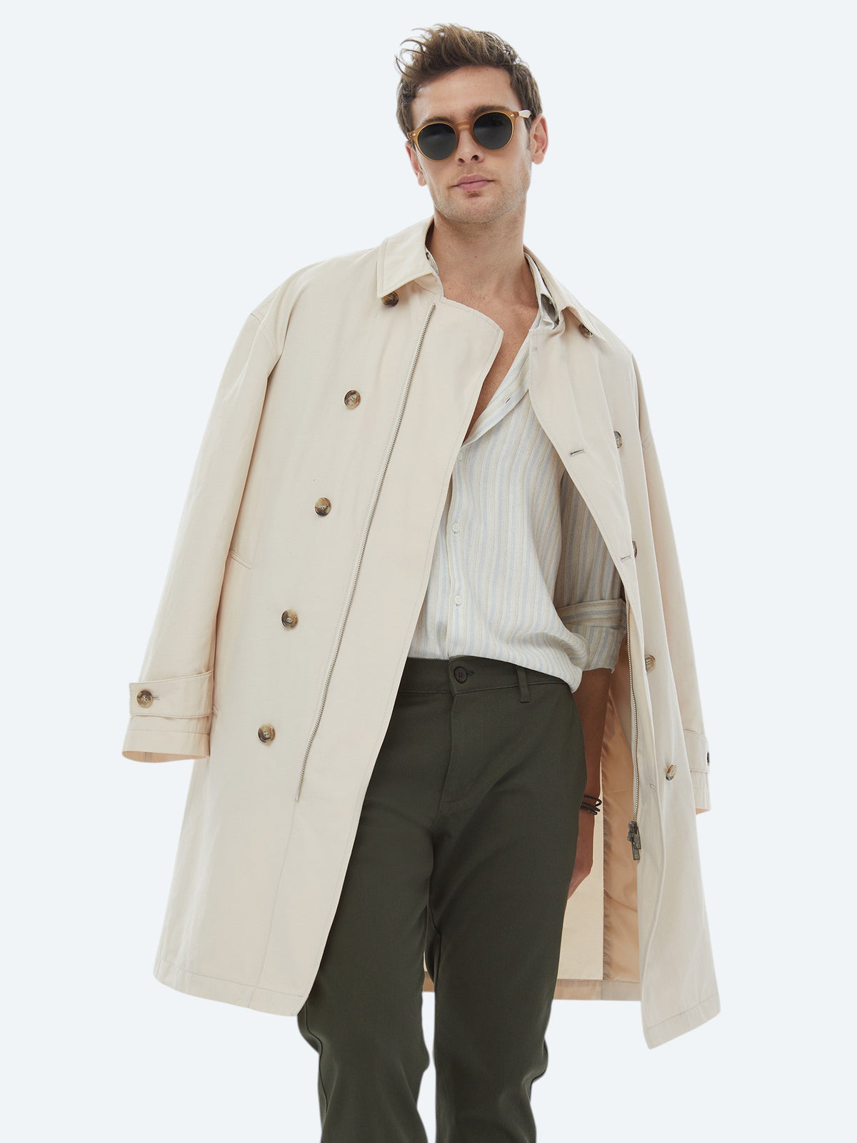 Açık Bej Oversize Fit Kruvaze Yaka Casual Dokuma Pardösü