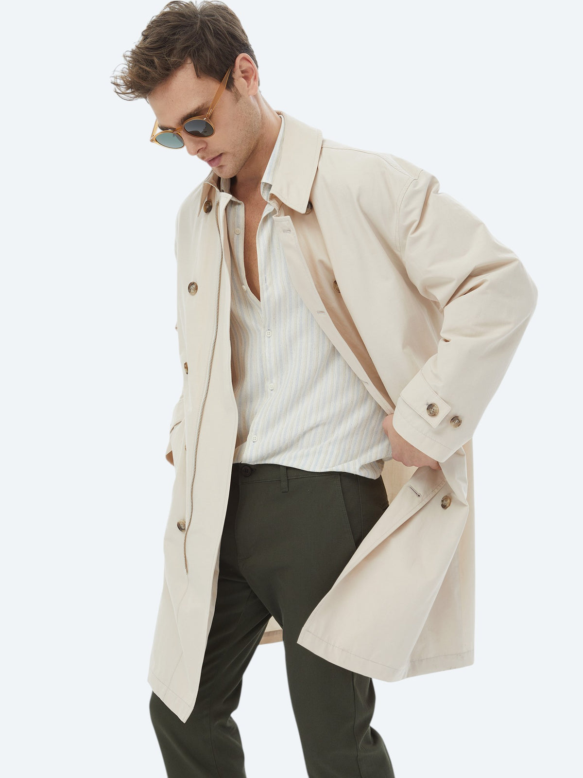 Açık Bej Oversize Fit Kruvaze Yaka Casual Dokuma Pardösü