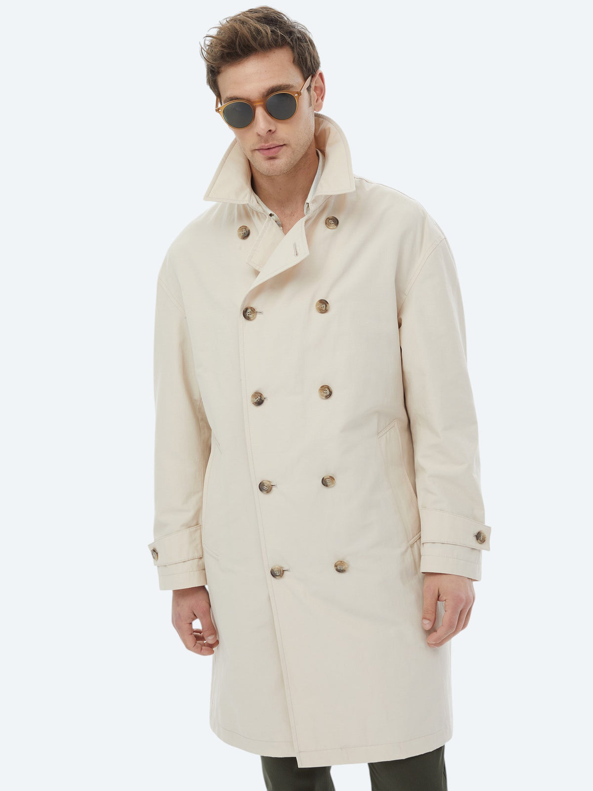 Açık Bej Oversize Fit Kruvaze Yaka Casual Dokuma Pardösü