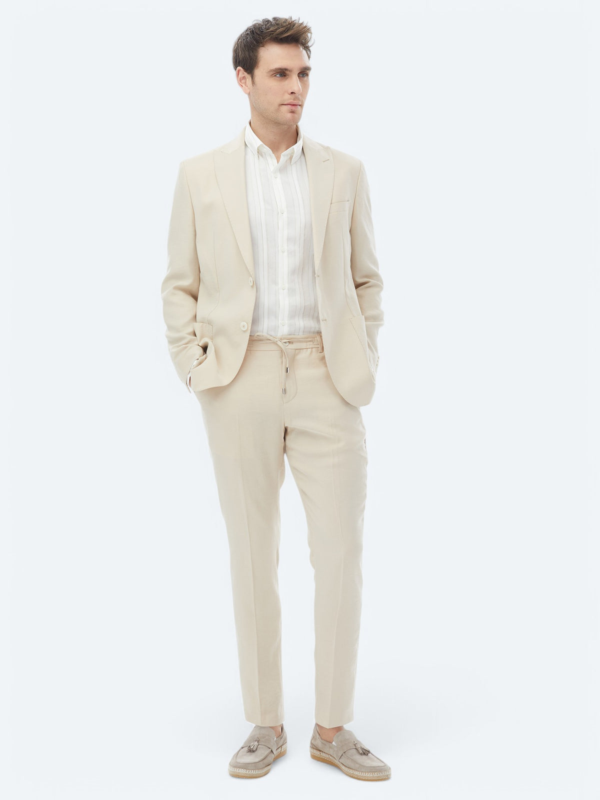 Bej Düz Modern Fit Takım Elbise