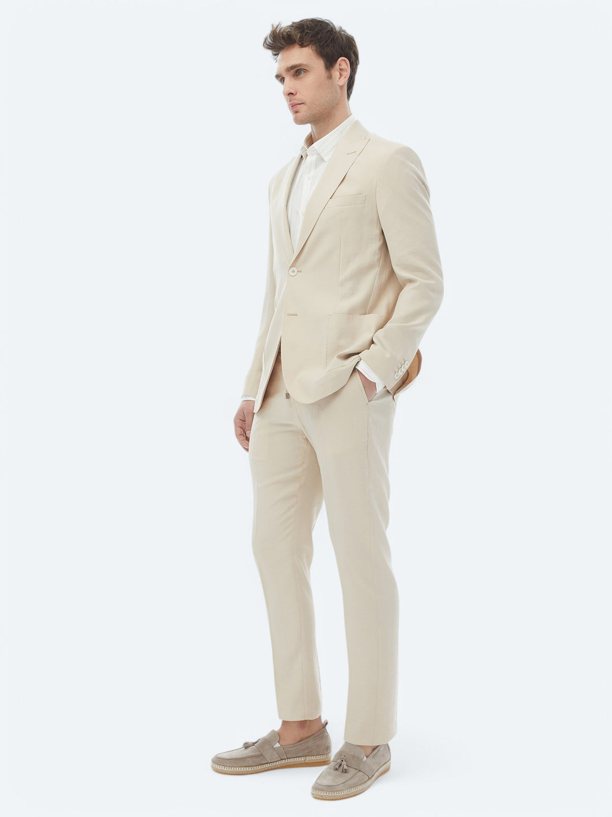 Bej Düz Modern Fit Takım Elbise