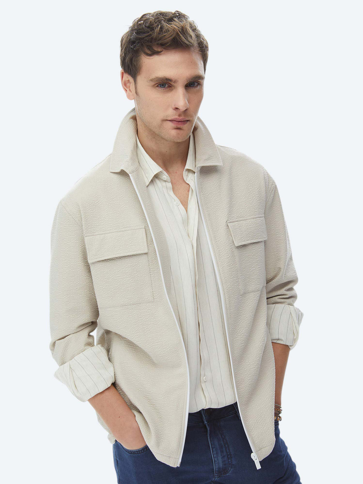 Bej Regular Fit Casual Dokuma Mont