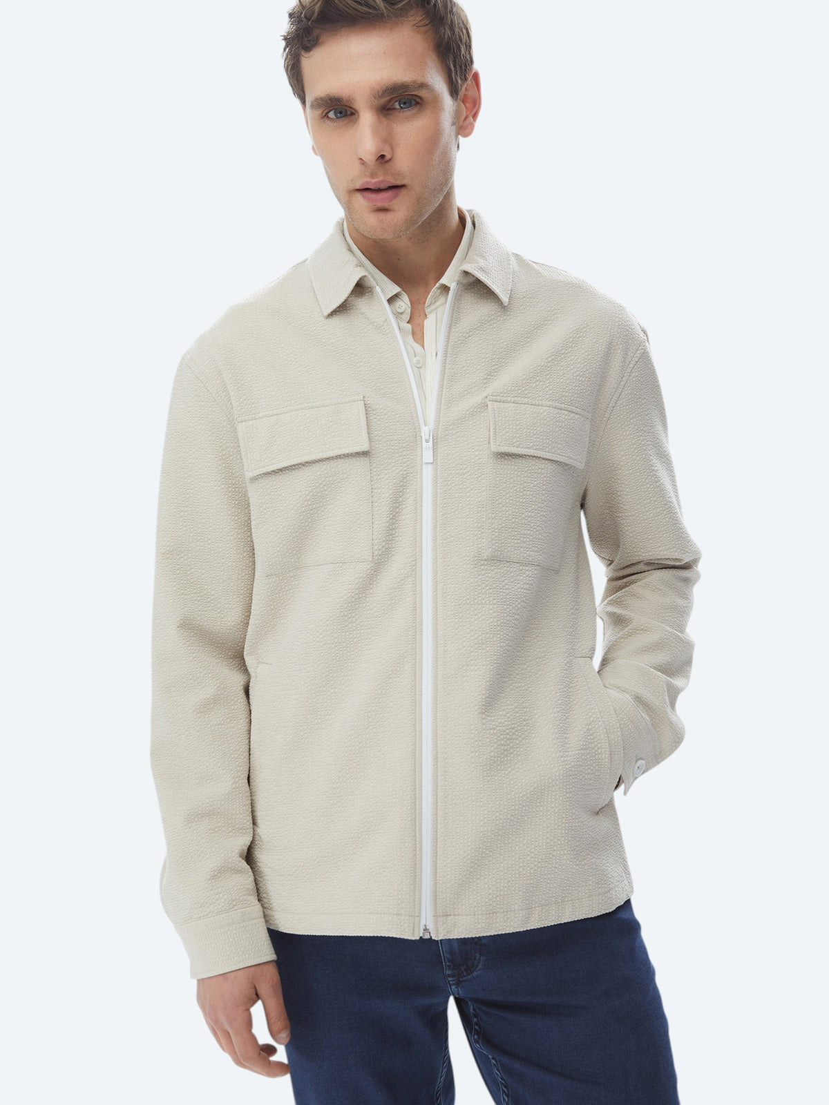 Bej Regular Fit Casual Dokuma Mont
