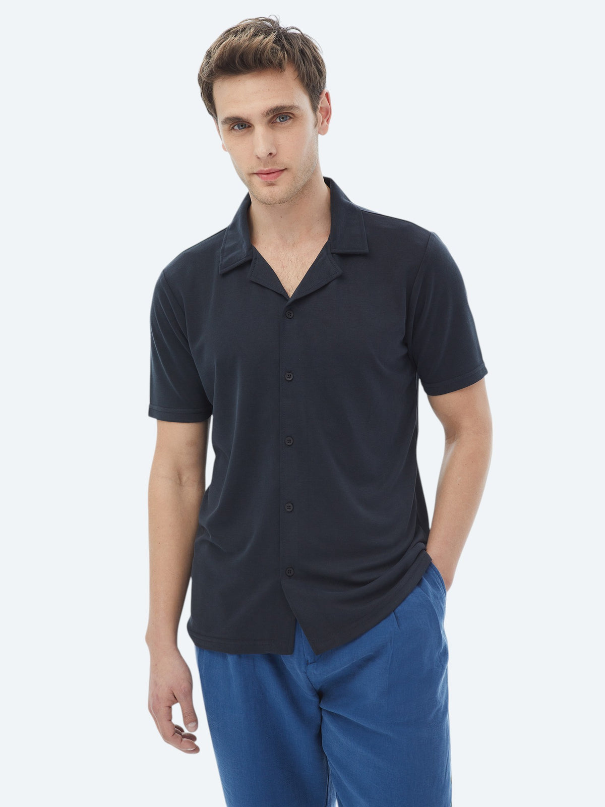 Lacivert Regular Fit Kısa Casual Gömlek