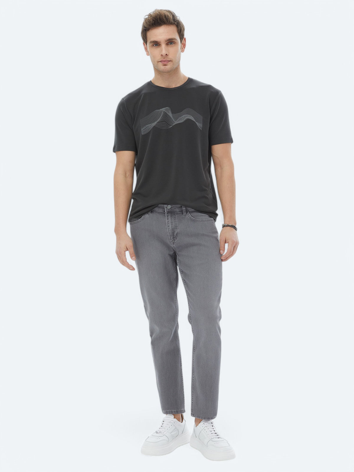 Antrasit Baskılı Bisiklet Yaka T-Shirt