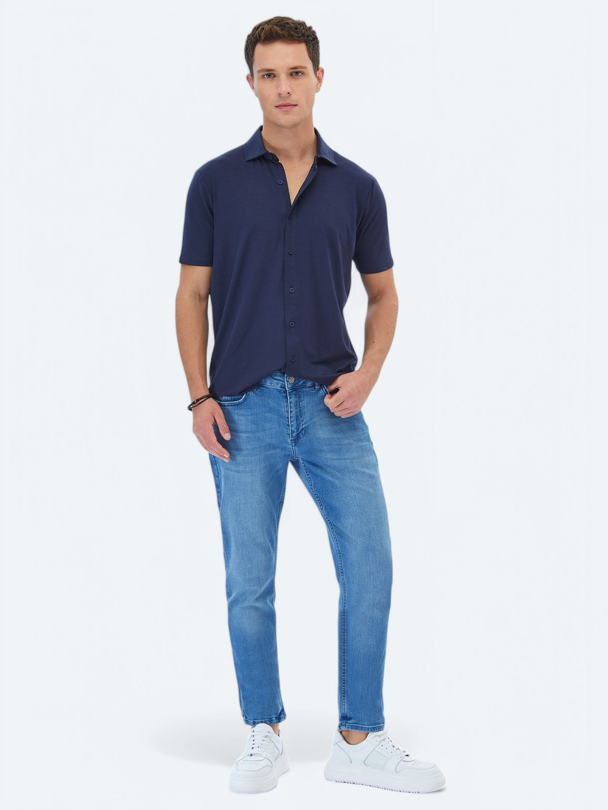 Lacivert Düz Regular Fit Kısa Casual Gömlek
