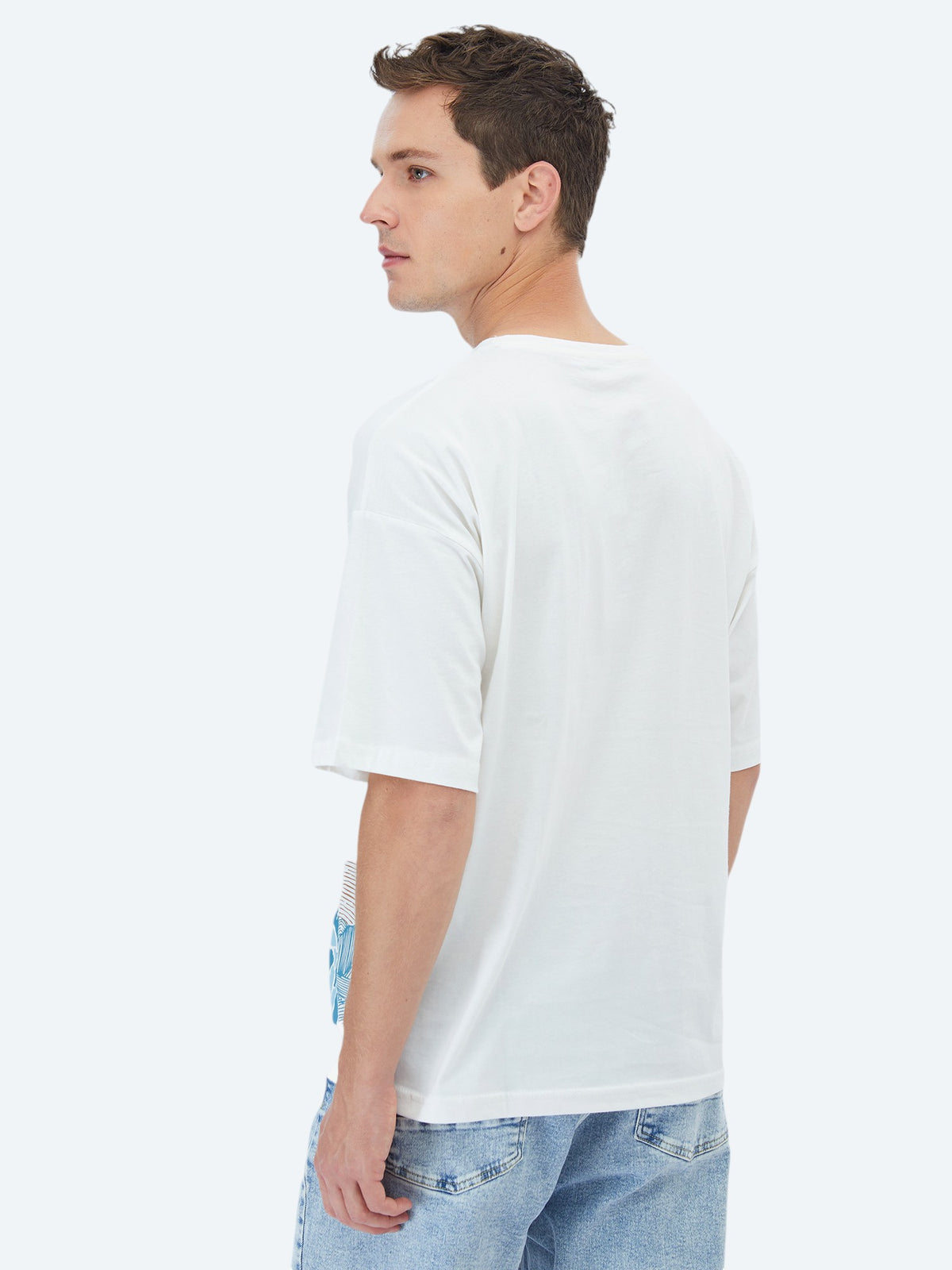Ekru Baskılı Bisiklet Yaka %100 Pamuk T-Shirt