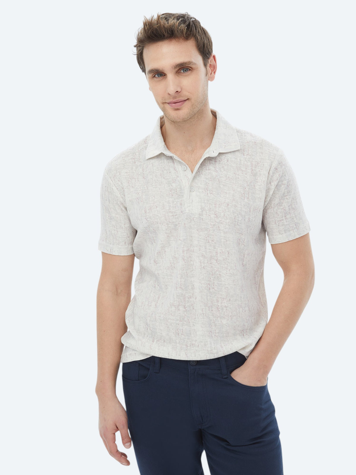 Bej Baskılı Polo Yaka Pamuk Karışımlı T-Shirt