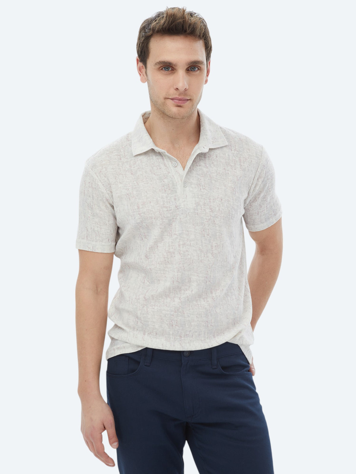 Bej Baskılı Polo Yaka Pamuk Karışımlı T-Shirt