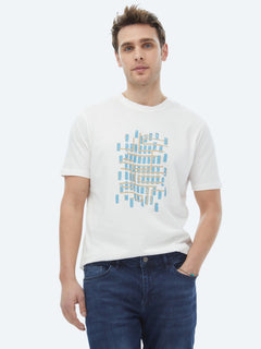 Turkuaz Baskılı Bisiklet Yaka %100 Pamuk T-Shirt