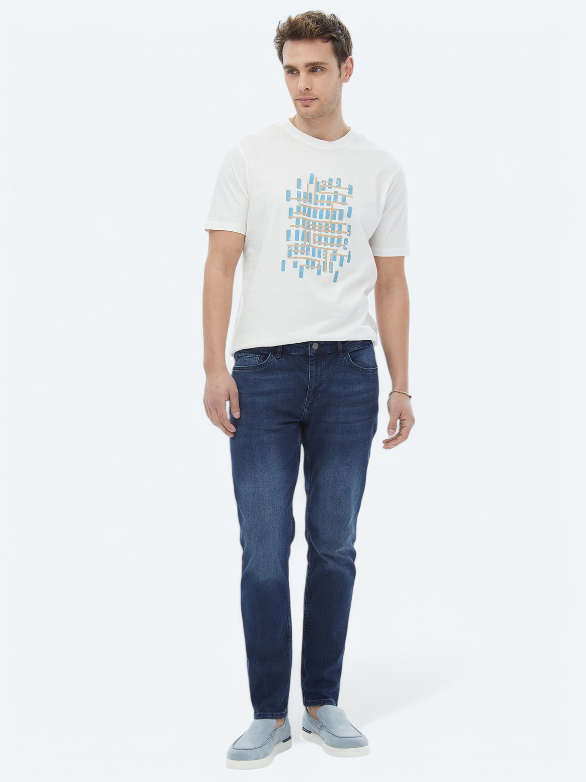 Turkuaz Baskılı Bisiklet Yaka %100 Pamuk T-Shirt