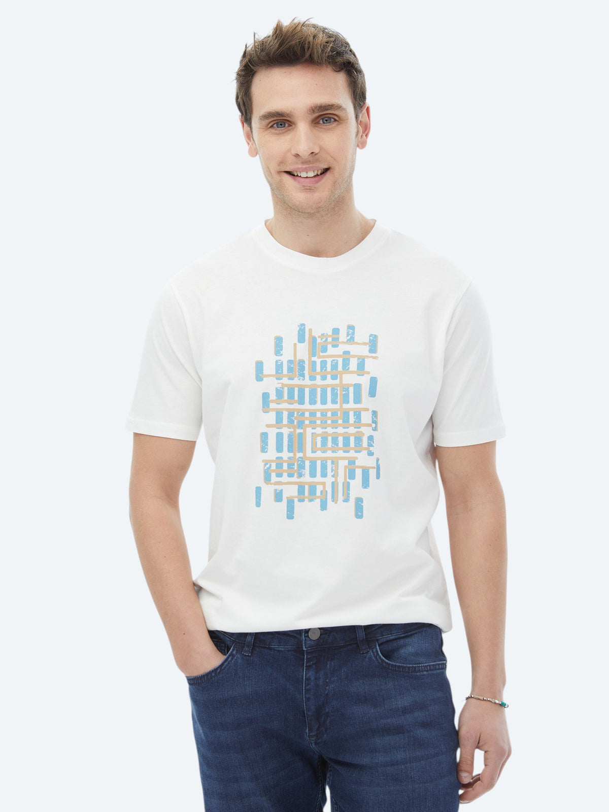 Turkuaz Baskılı Bisiklet Yaka %100 Pamuk T-Shirt