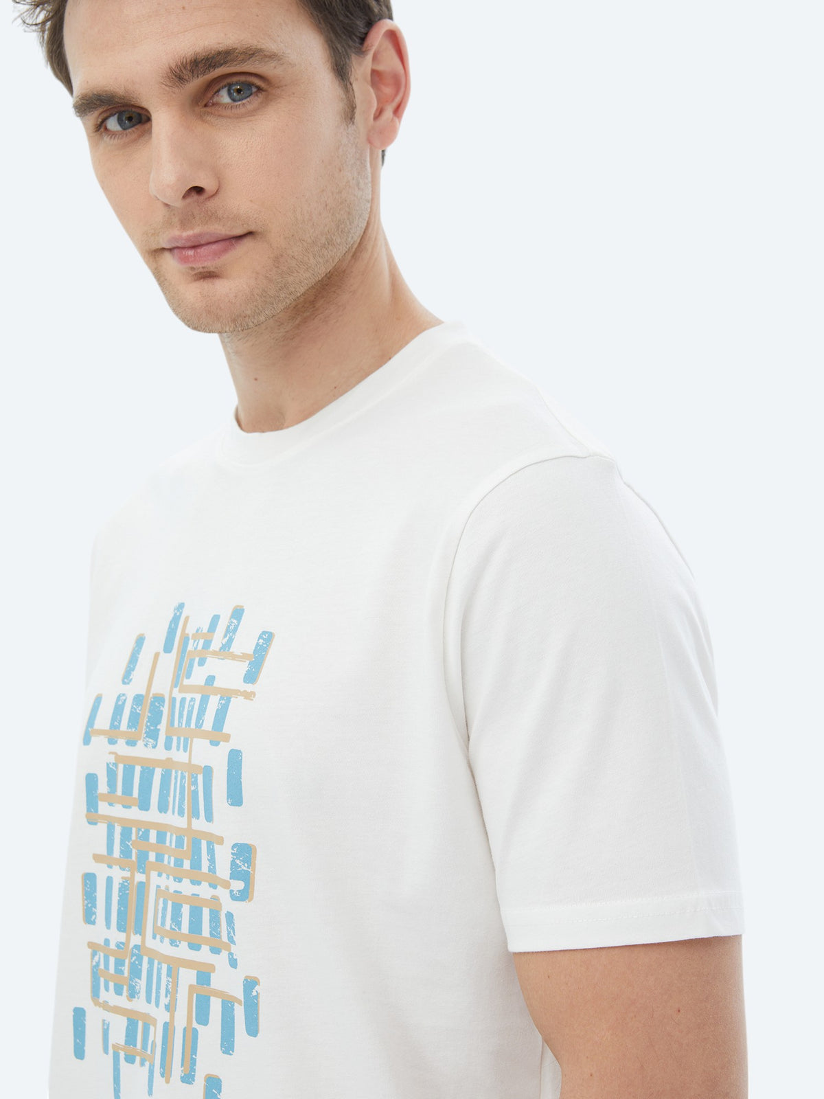 Turkuaz Baskılı Bisiklet Yaka %100 Pamuk T-Shirt