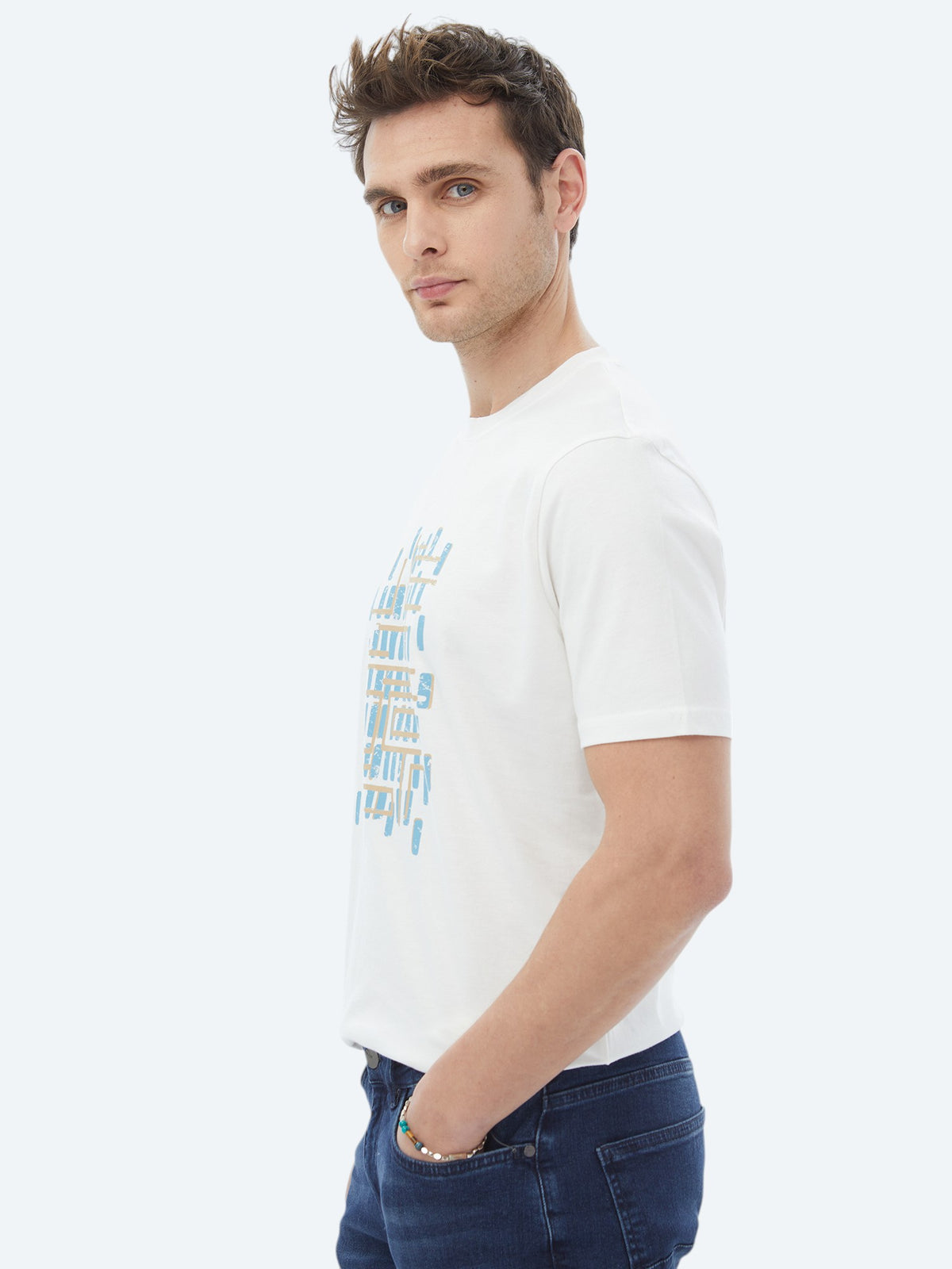 Turkuaz Baskılı Bisiklet Yaka %100 Pamuk T-Shirt