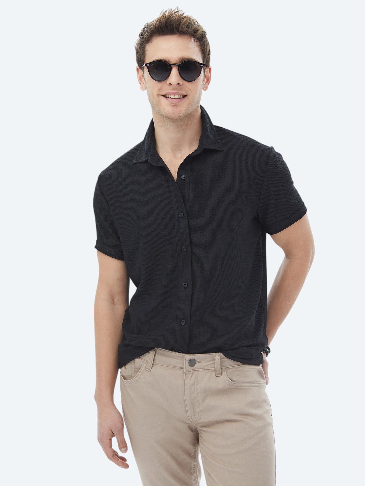 Siyah Regular Fit Kısa Casual Gömlek