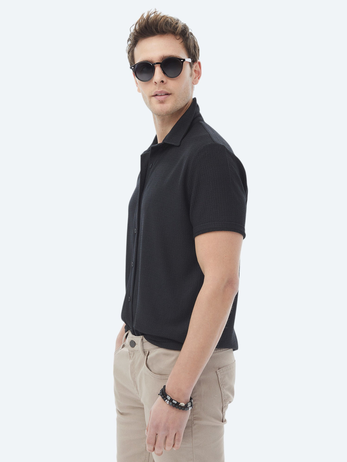 Siyah Regular Fit Kısa Casual Gömlek