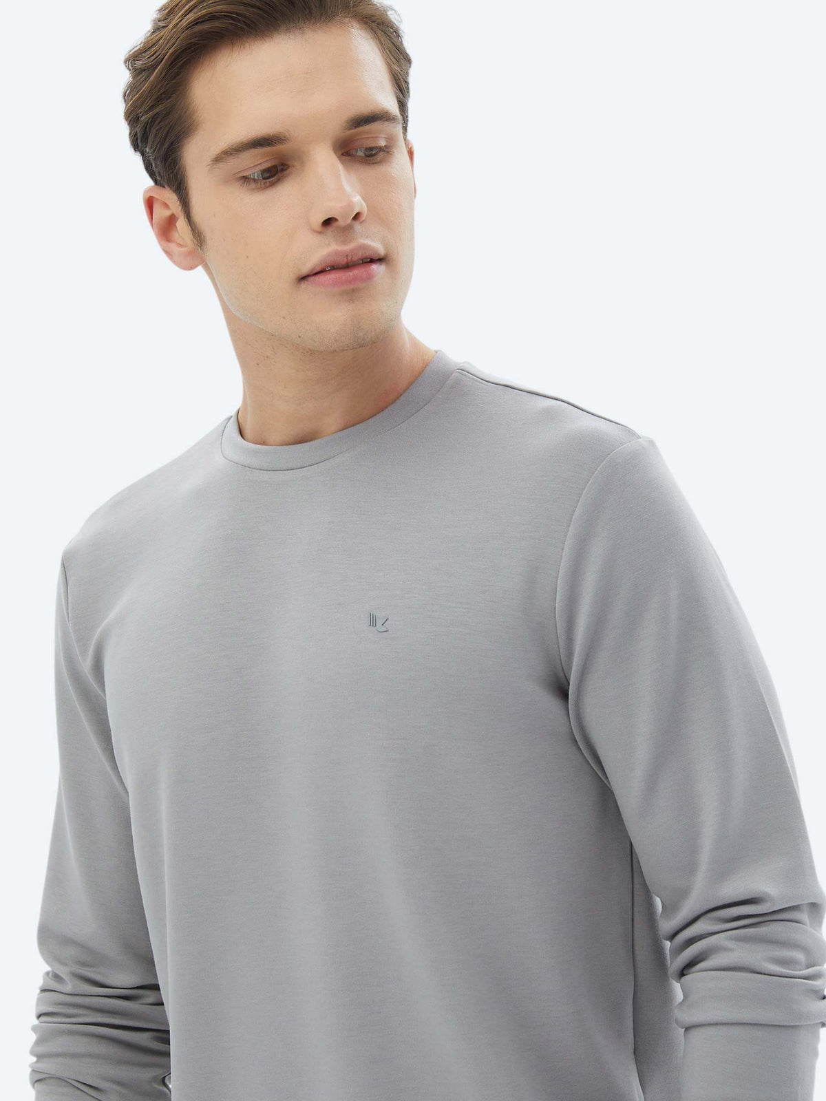 Gri Bisiklet Yaka Baskılı Sweatshirt