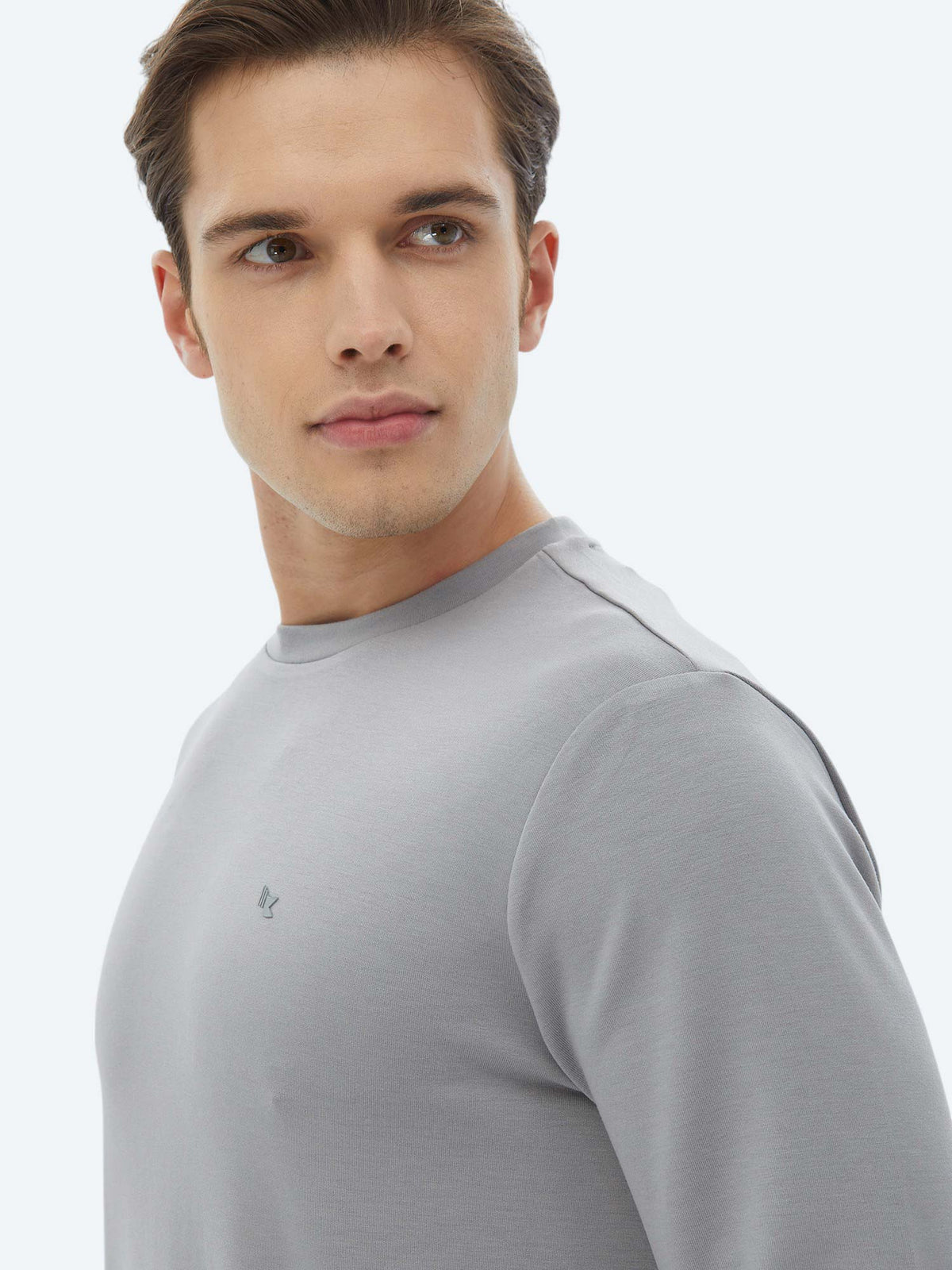Gri Bisiklet Yaka Baskılı Sweatshirt