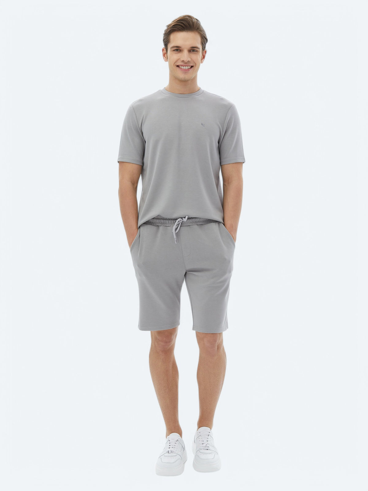 Gri Düz Bisiklet Yaka T-Shirt