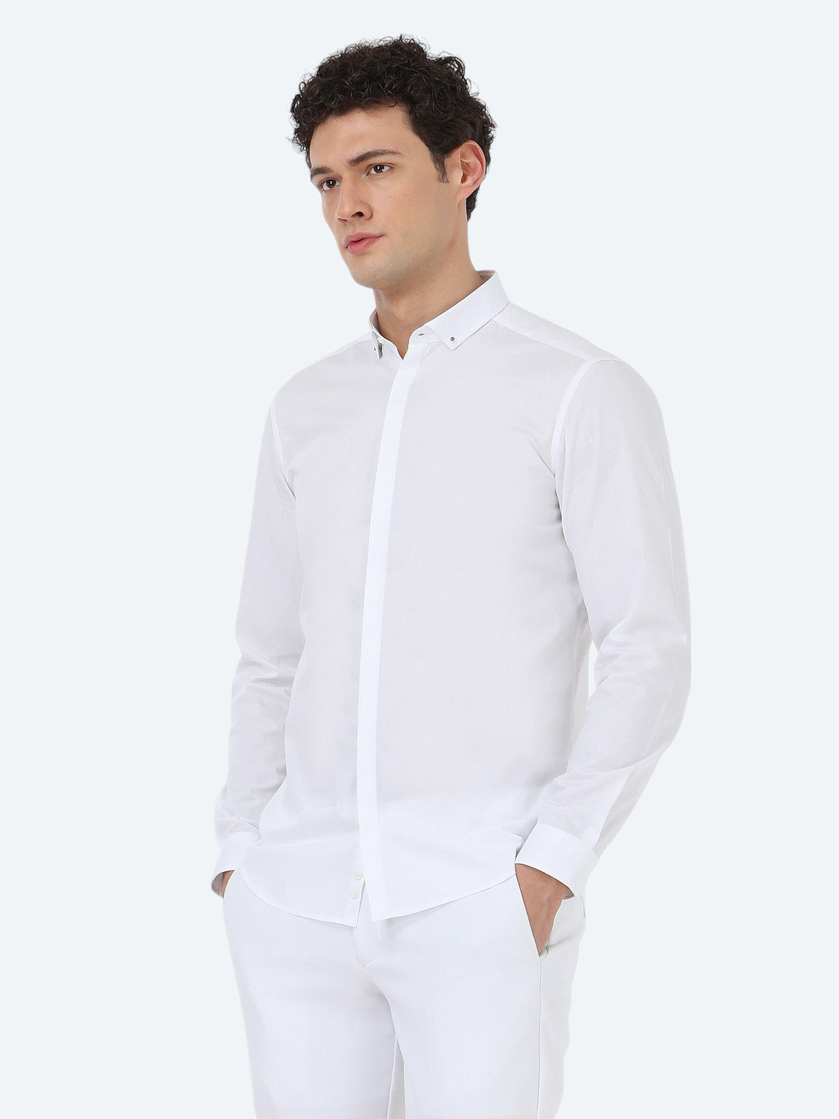 Beyaz Düz Slim Fit Uzun Dokuma Klasik %100 Pamuk Gömlek