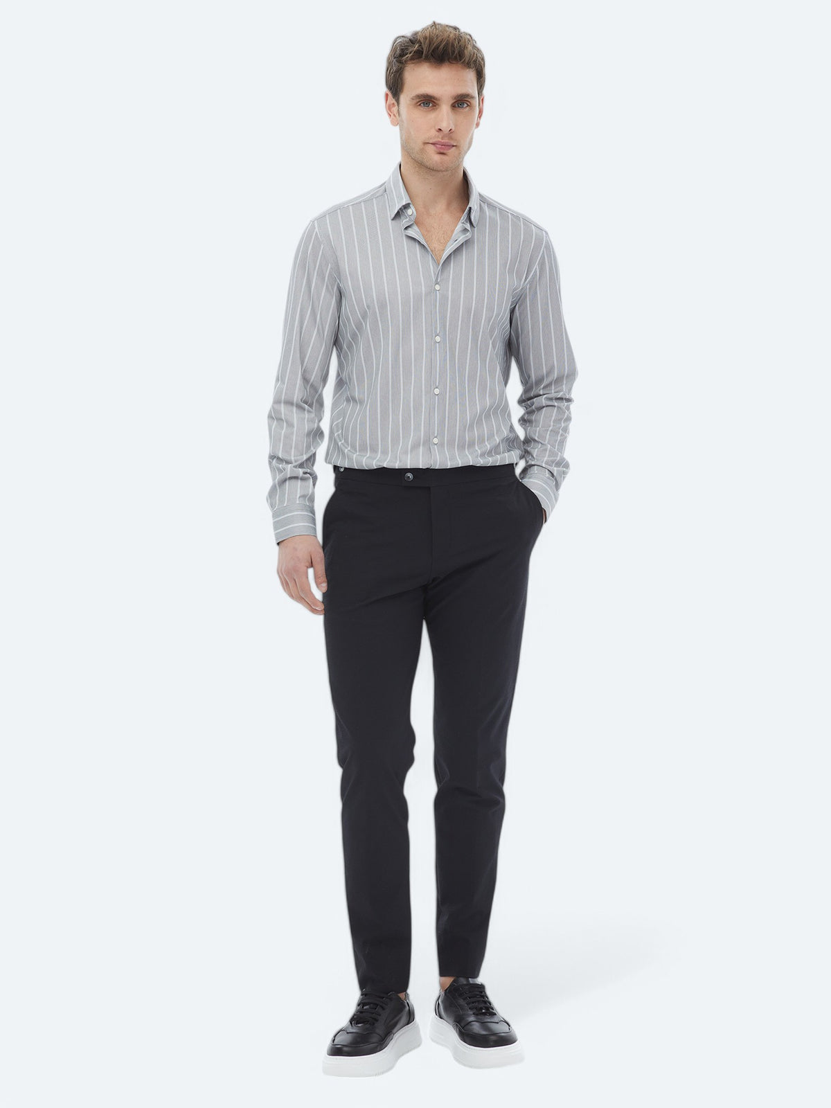Mavi Çizgili Regular Fit Uzun Casual Pamuk Karışımlı Gömlek