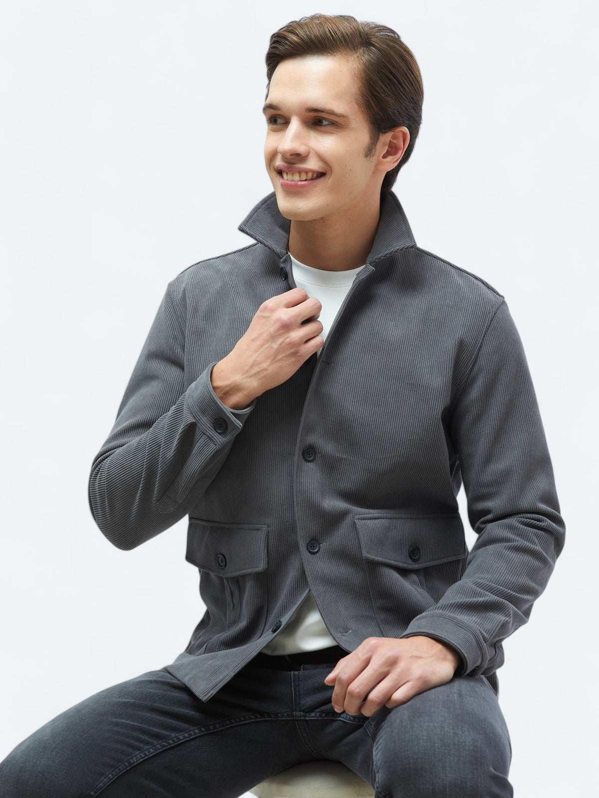 Gri Fitilli Regular Fit Dokuma Kadife Overshirt
