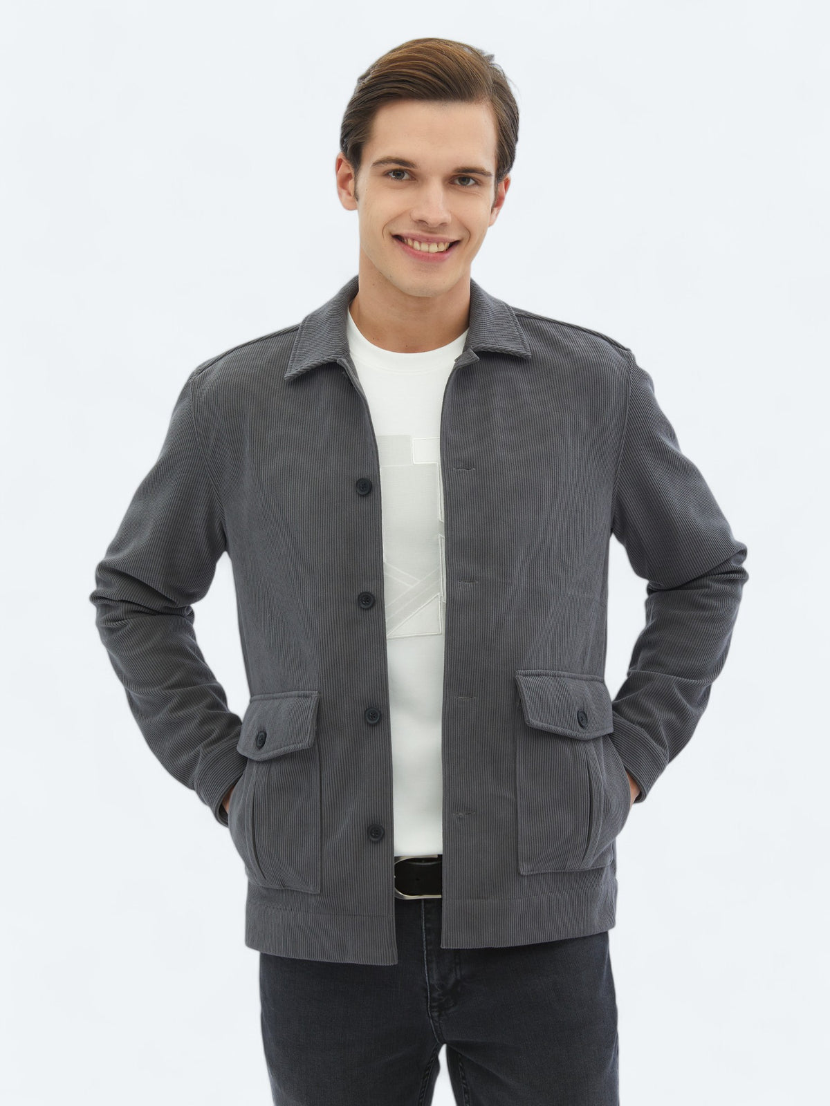 Gri Fitilli Regular Fit Dokuma Kadife Overshirt