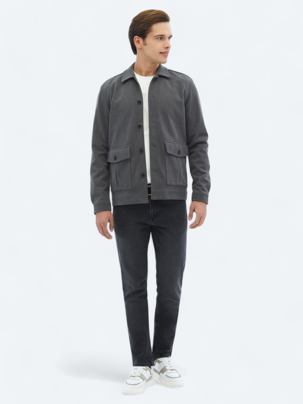 Gri Fitilli Regular Fit Dokuma Kadife Overshirt