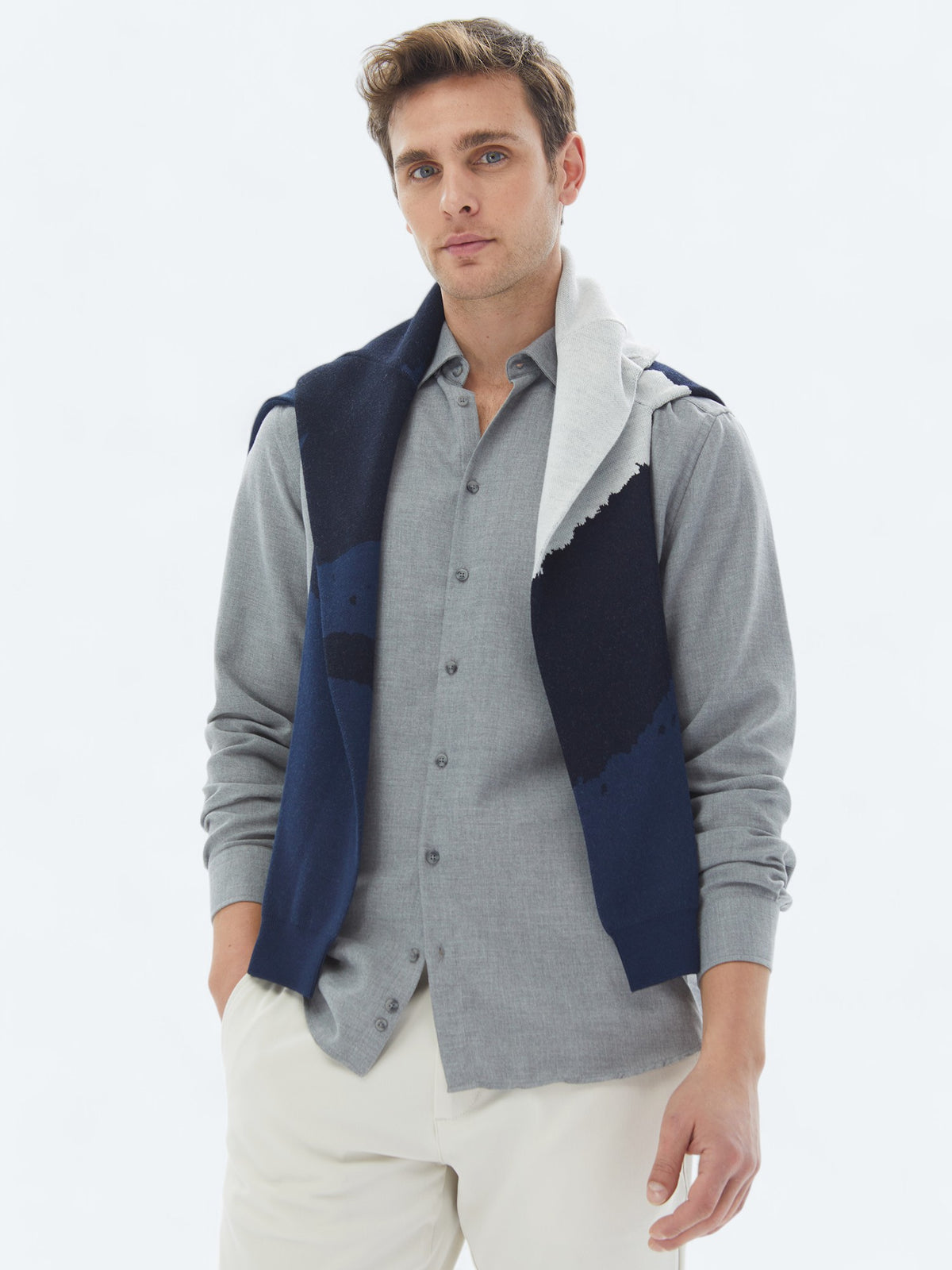 Gri Düz Regular Fit Uzun Dokuma Casual Pamuk Karışımlı Gömlek