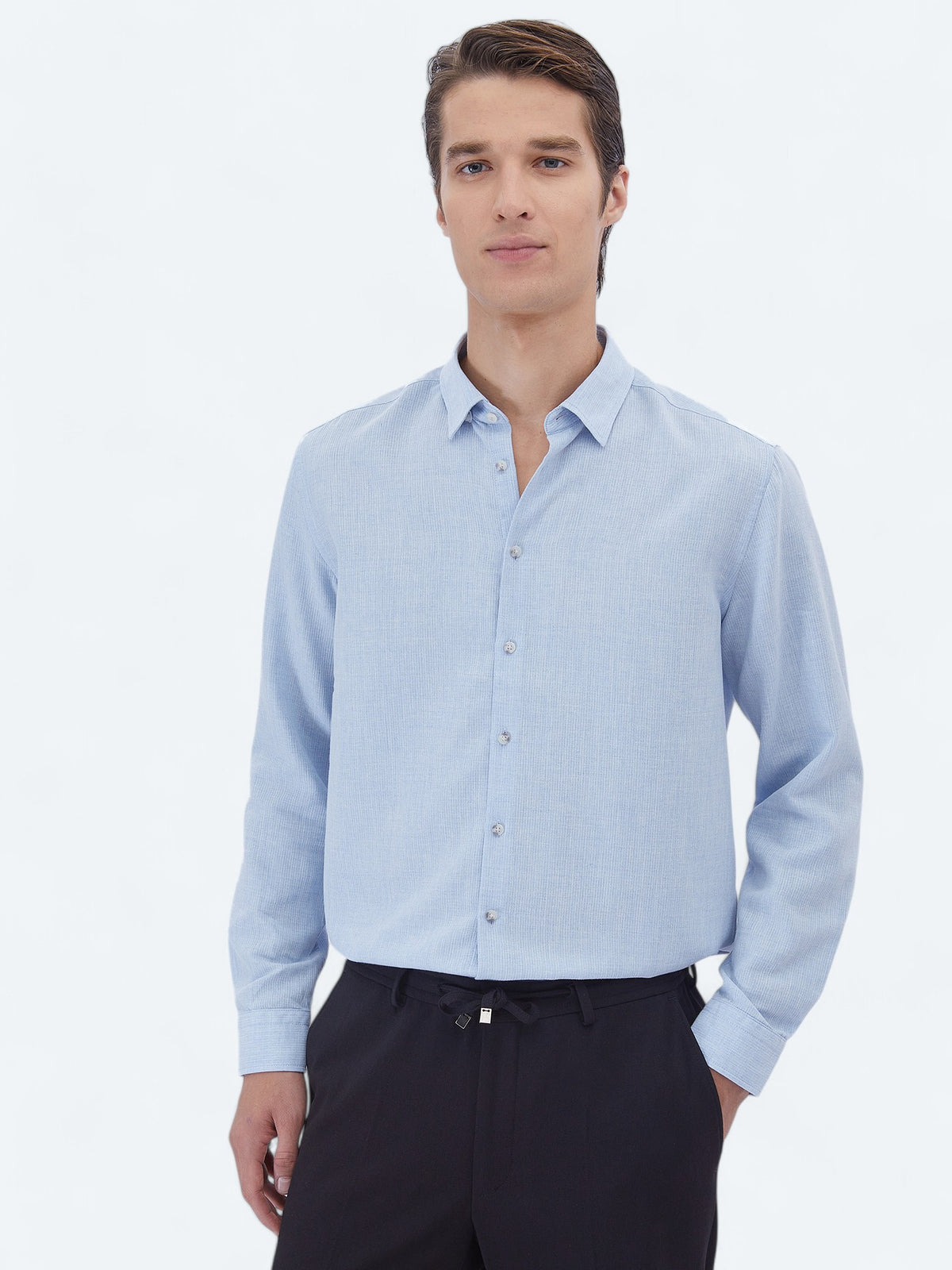 Mavi Düz Regular Fit Uzun Dokuma Casual Pamuk Karışımlı Gömlek