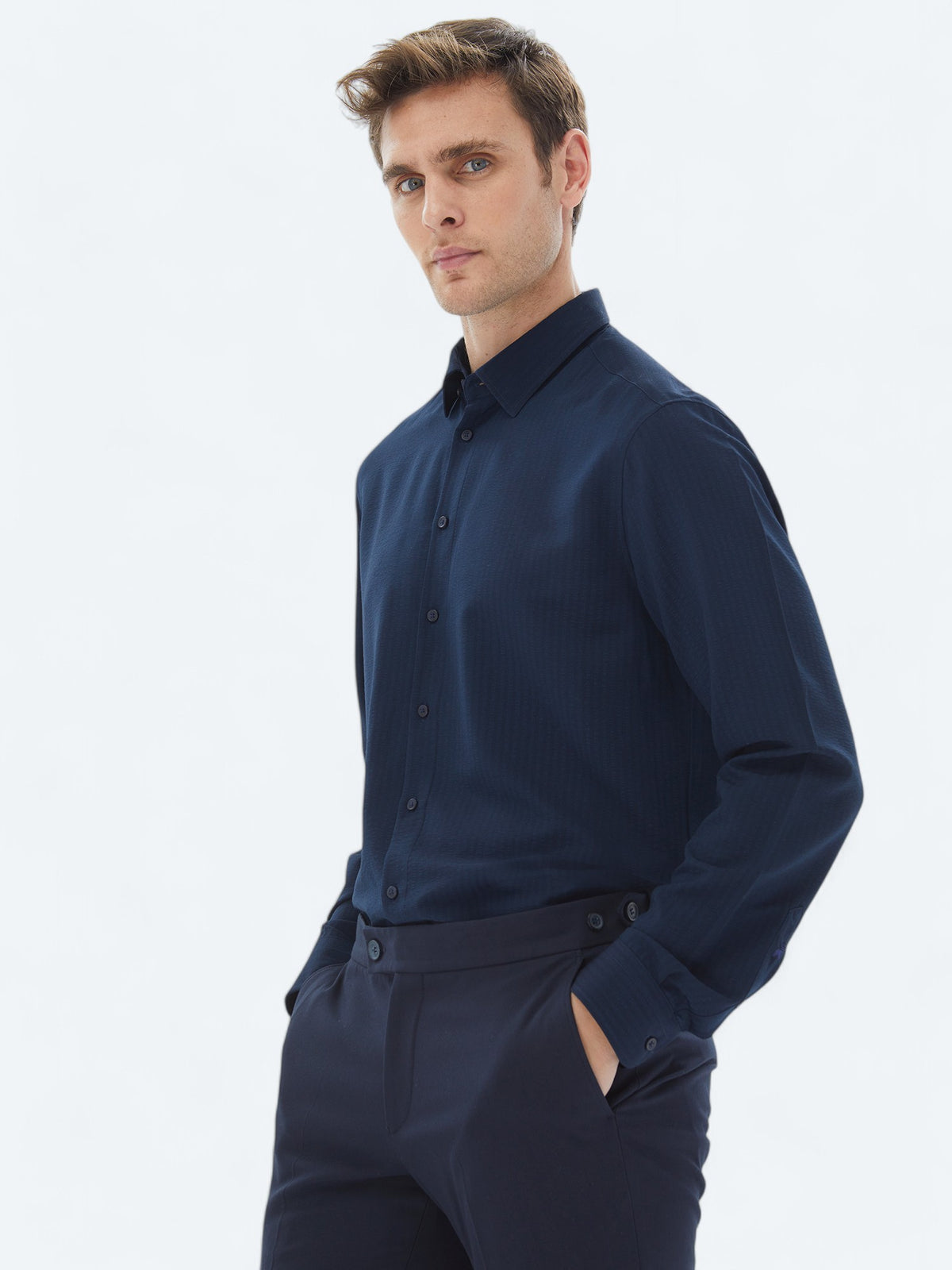 Lacivert Regular Fit Uzun Dokuma Casual Gömlek