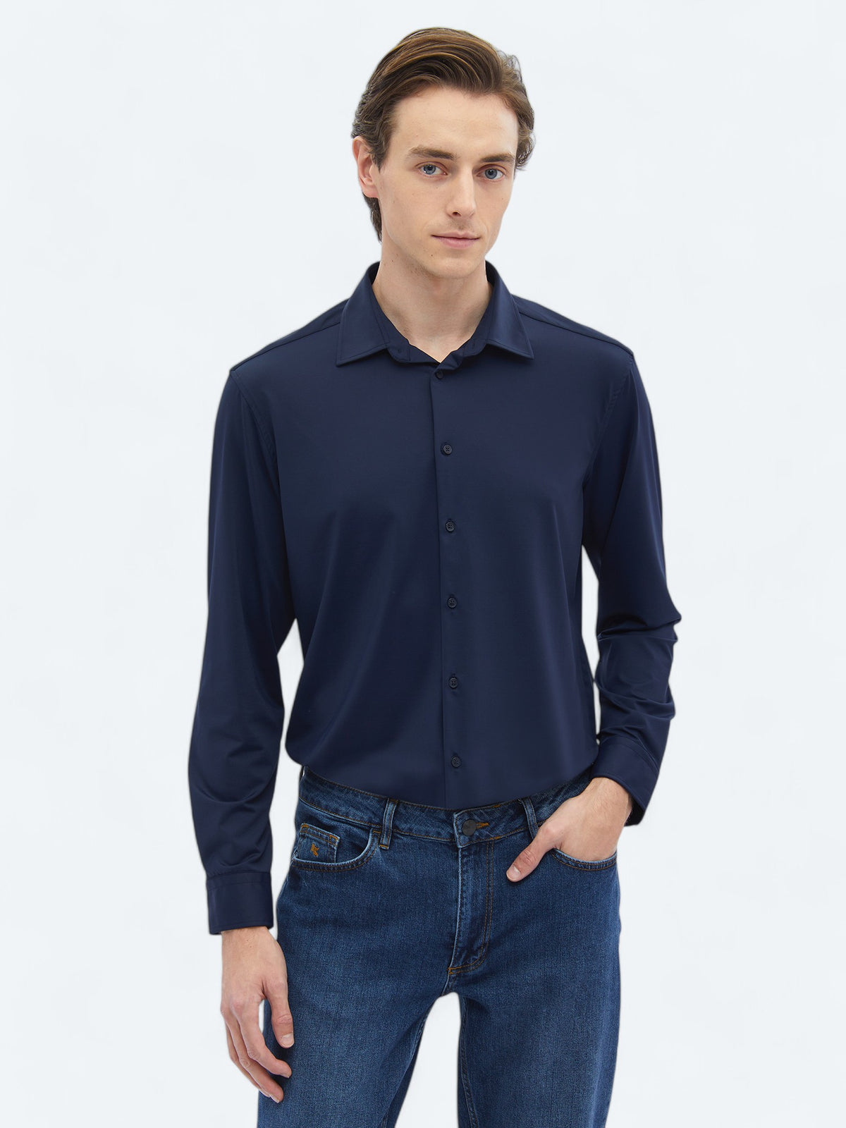 Lacivert Düz Regular Fit Uzun Casual Gömlek