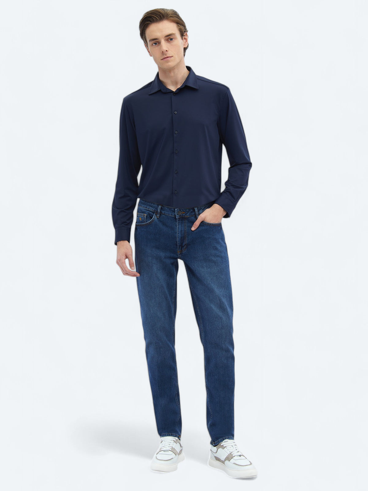 Lacivert Düz Regular Fit Uzun Casual Gömlek